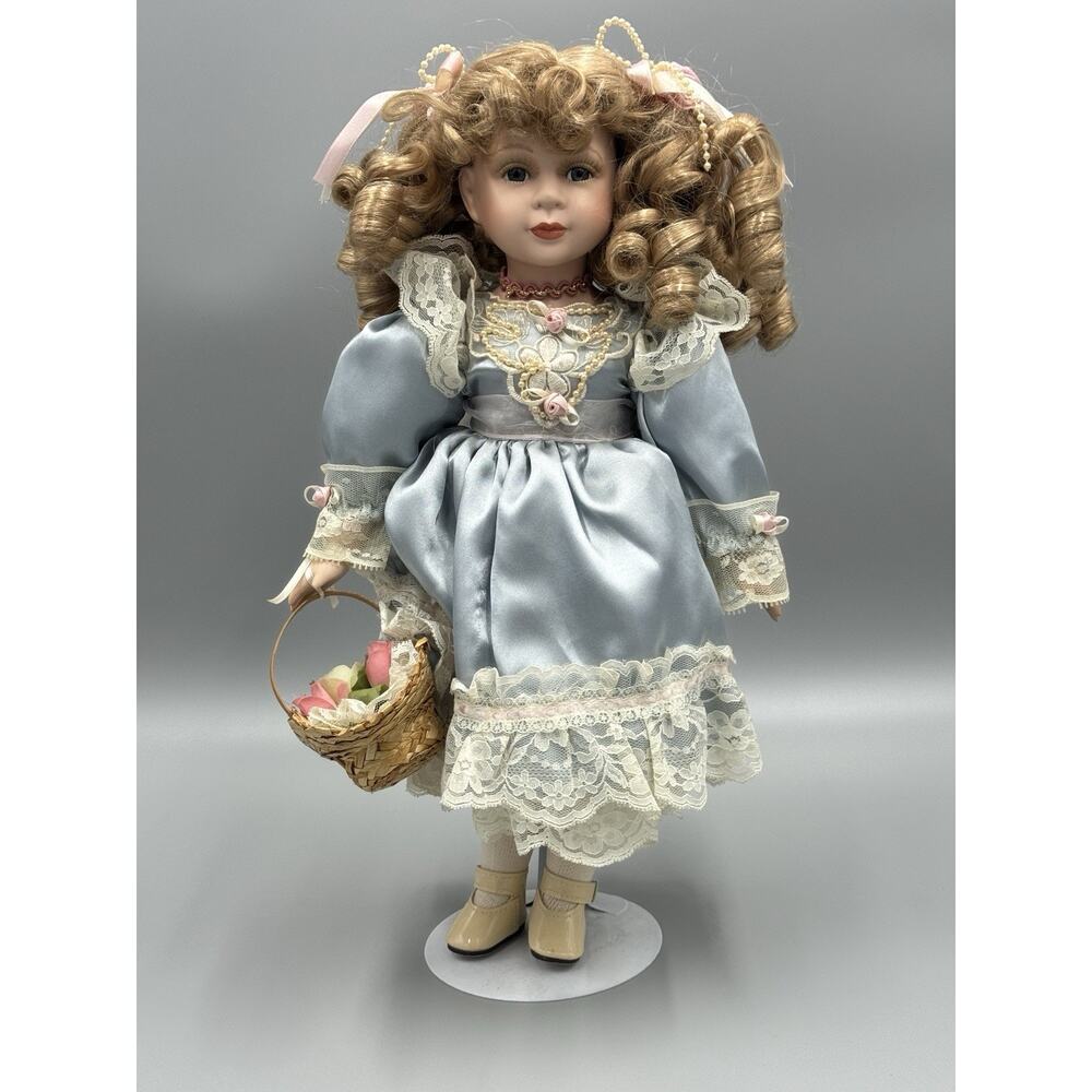 Angelina Collection Porcelain Doll by Visconti 2000 Blonde Curls Basket Flowers
